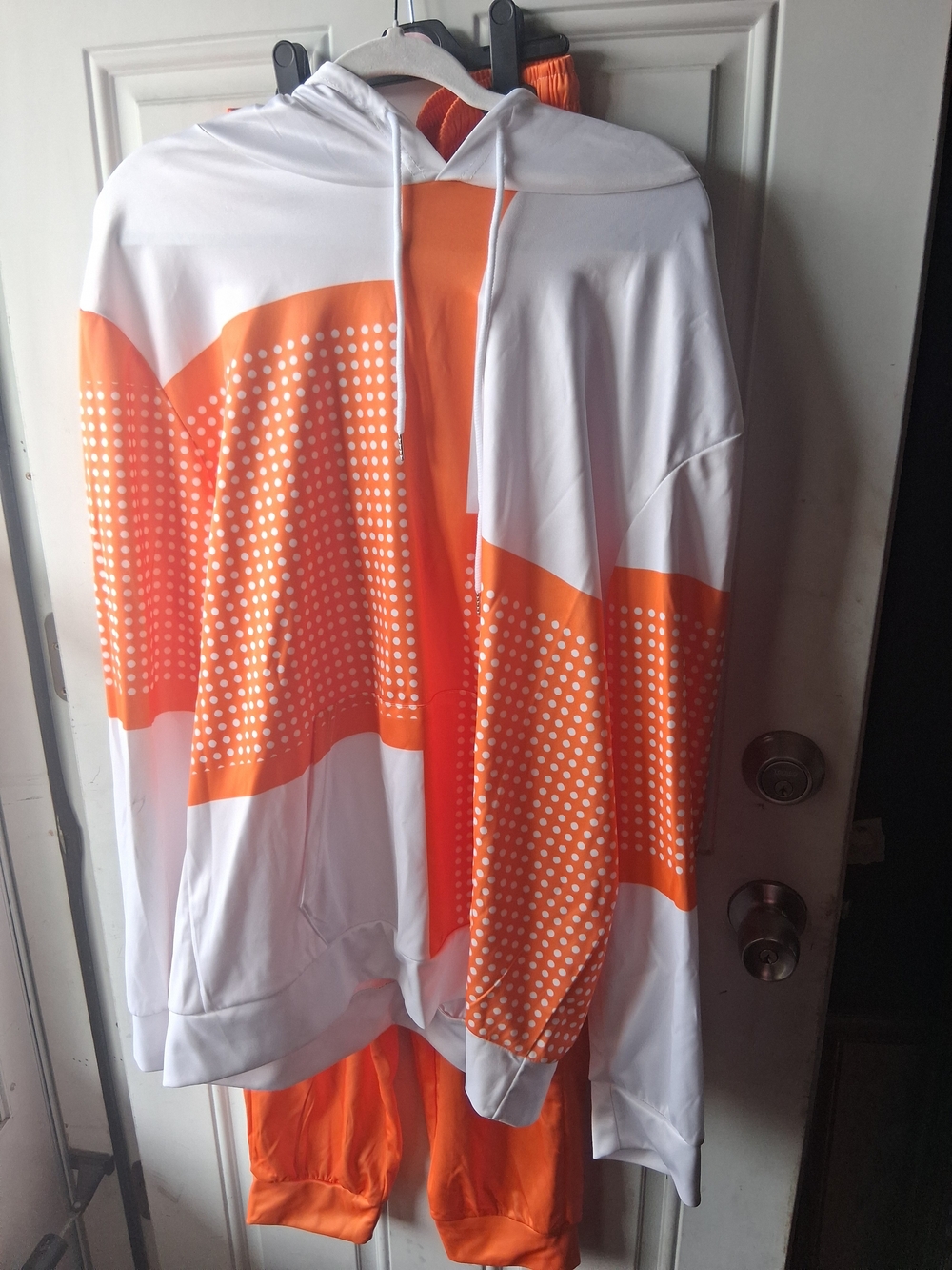 White & Orange Polka-Accent Hooded 2pc Jogger Set XXL
